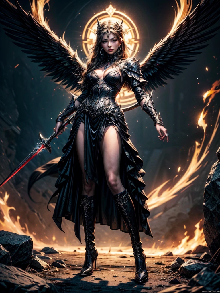 In the middle of the burning battlefield filled with broken swords and dead sodiers stand beatiful female fallen angel with black wings , she have beautiful face her eyes is golden yellow she have dark red lipstick and black eyeshadows she have piersing ring on her lip and cross shaped earrings on her ears her hair golden blond with black highlights with a blood red halo above her head, she dressed in sexy black leather armor with long skirt and black highheels boots with betal parts she have mystic symbols tattoo on her shouders, in her hand she holding long spear, (ultra high quality fantasy art, ghothic dark fantasy style, masterpiece, ultra high quality character design, 8k quality anime art, realistic anime art, top quality wallpaper illustration, detailed ultra high quality accurate face, high quality design and accurate physic)