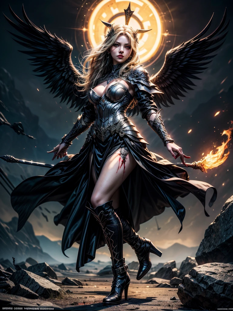 In the middle of the burning battlefield filled with broken swords and dead sodiers stand beatiful female fallen angel with black wings , she have beautiful face her eyes is golden yellow she have dark red lipstick and black eyeshadows she have piersing ring on her lip and cross shaped earrings on her ears her hair golden blond with black highlights with a blood red halo above her head, she dressed in sexy black leather armor with long skirt  and black highheels boots with betal parts  she have mystic symbols tattoo on her shouders, in her hand she holding long spear, (ultra high quality fantasy art, ghothic dark fantasy style, masterpiece, ultra high quality character design, 8k quality anime art, realistic anime art, top quality wallpaper illustration, detailed ultra high quality accurate face, high quality design and accurate physic)