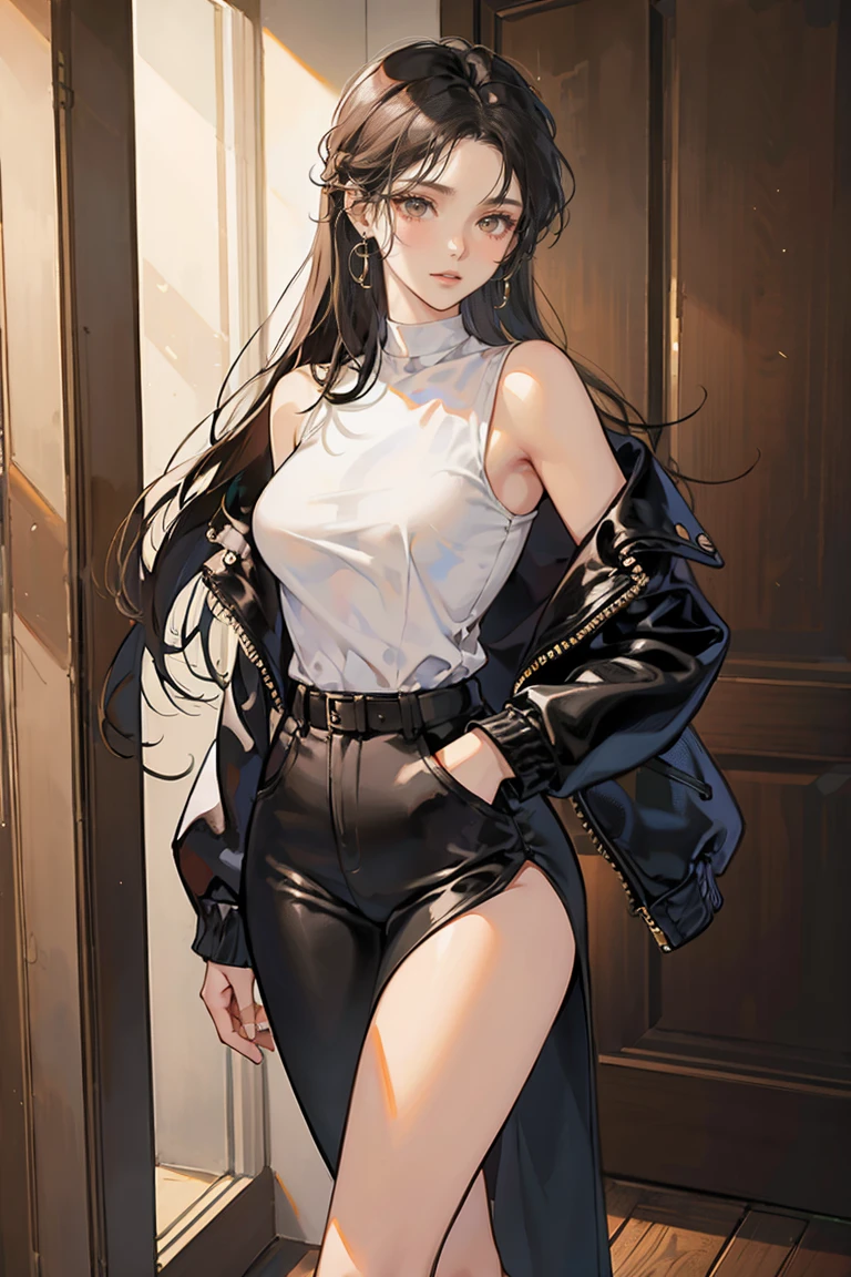 (best qualityer))), (((manga strokes))), (((light curly hair))), (((baggy pants with black spots))), (((textures and black paint running down clothes))), (((Rusc GFX_dark))), uma Kizi jovem muito bem vestida com roupas modernas de inverno, pants with paint splatters, top gift vertical stripes, short jacket with dark fur collar, beautiful and expressive face, slightly-smile, big eyes with long black eyelashes, heavy make-up, chains and zippers spread across clothes, contrasting colours, pose de atitude, hair with a modern and futuristic cut, urban game poster art, dramatic camera angles, graffiti art elements in the background, design mixing contemporary and retro by Shepard Fairey, (((cowboy shot))), (((best qualityer: 1.4))), (Unbeatable masterpiece), (hiper HD),(CG 8k hyper-realistic), Kizi, (((standing alone))), pirralha violent, (((14歳))), sexly, pose de atitude, work of art, post-apocalypse, (((manga style))), bounty hunter, violent, Manic, the way you want, slenderbody, thin but strong, perfectbody, roupa moderna, advanced technology, neon, sleeves with vertical striped pattern, neutral background, (( cowboy shot )). intricate visual