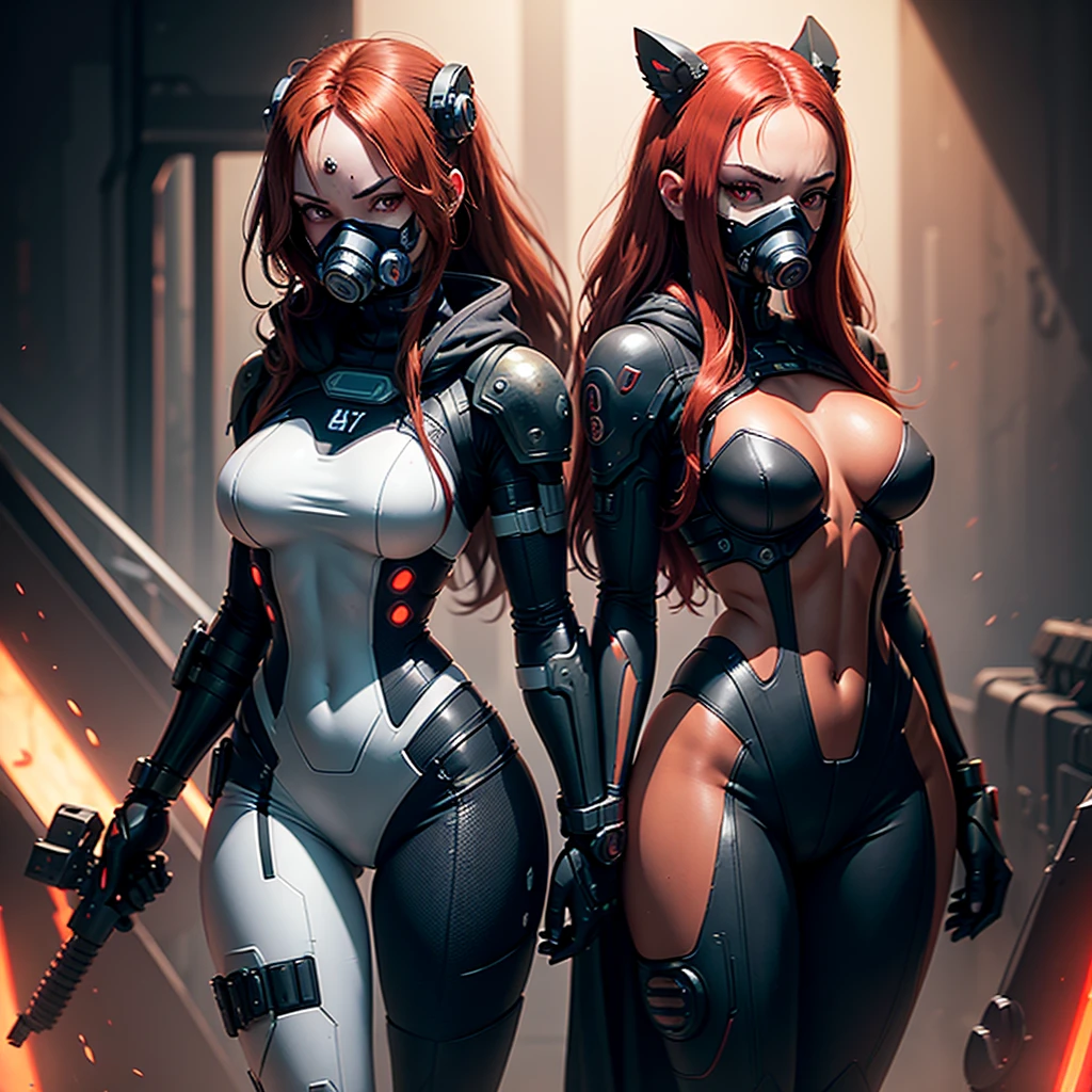 a girl with a mask, a large respirator, a gas mask with tubes on half of her face, half cyborg fur, stands straight looking from below, she has a chic athletic figure, a neckline and large hips, she has rich red long hair and pale eyes and a black android cybernetic suit with small red elements behind her, a dark background image cyberpunk mechanisms and red lights dark space red planets