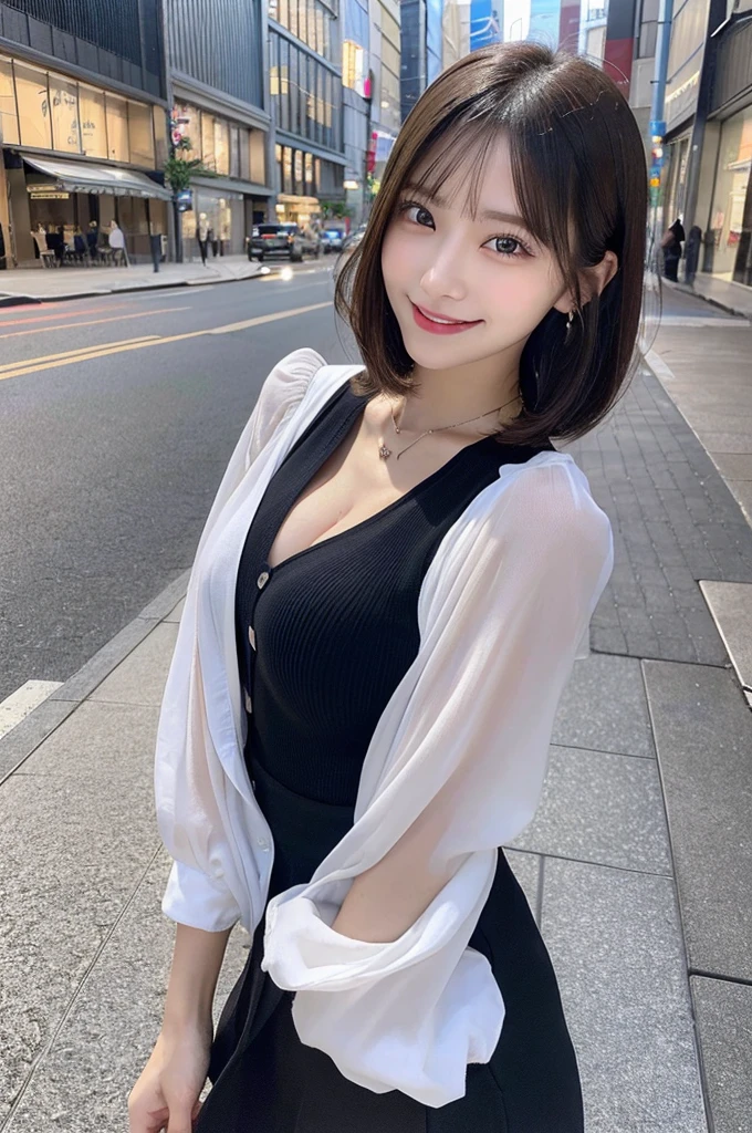 (8k, RAW photo, top quality, masterpiece: 1.2), (realistic, photorealistic: 1.37), three-dimensional, ultra detail, ultra high resolution, beautiful detailed face, one girl, beholder, constriction, slim waist, beautiful detailed skin, skin texture, floating hair, professional lighting, (Japanese beautiful and cute girl:1.2), long hair, curly hair, bob cut, beautiful hair, 20 years old, attractive breasts, (round breasts:1.2), (huge breasts:1.2), look at viewer, full body, in the city sidewalk, (smiles:1.1), bracelet, earing, necklace, (see-through shirt),