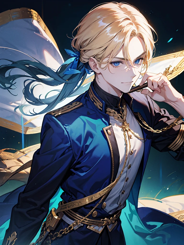 Young man with longsword , he has golden hair and low pony tail and blue eyes , he smiled.