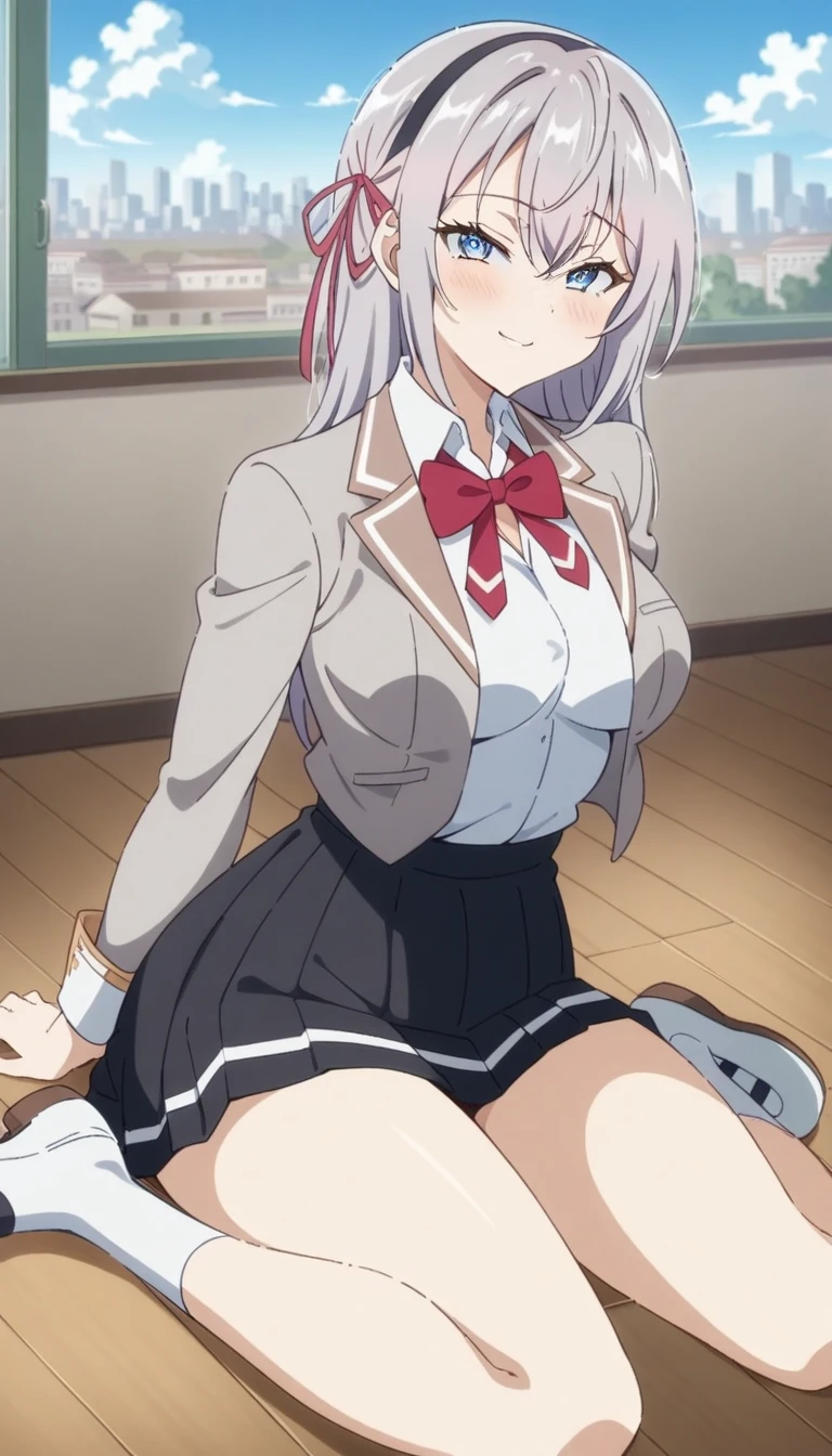 (Animated art style:0.1), 2D, Masterpiece, Best Quality, very aesthetic, absurdities, DYNAMIC SHADOWS, atmospheric, alisa_Mikhailovna, (1 girl), (gray fur), wide, Blue eyes, detailed eyes, He drowned, hair between the eyes, hits, medium breasts, curvy body, make up, intense blush, clavicle, (sexy smile), hair band, Gray jacket, open clothing, jacket buttons, White shirt, pleated skirt, (Black blazer), black skirt, white thighs, (red bow), bow tie, White shoes, Mary Janes, sexy smile, (Upper part of the body), ((Wariza)), looking at the viewer, classroom, board, clouds, On the floor, City