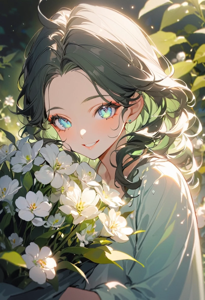 ( best quality:1.2), 1 Girl only, forehead,Solitary, Skin details, Beautiful facial features, fluffy dark hair,Exquisite makeup, Exquisite eyes, Eye details, he is 20 years old,(((big smiling))).((milky-green and milky-blue theme)),kindness,soft focus,white soft lighting,having the big bouquet ,((in the garden))