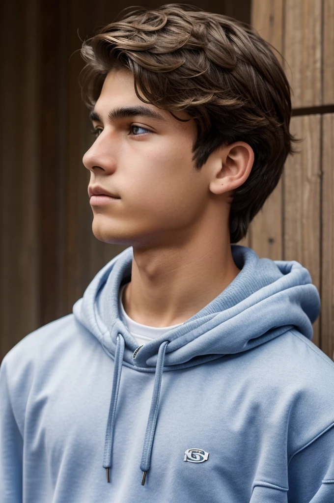 Create a 14-year-old boy with a profile that is Mexican but has light brown hair., blue eyes, White skin, wavy hair, that it is tall and that it is in profile, He must also be wearing a sweatshirt and he must be handsome.