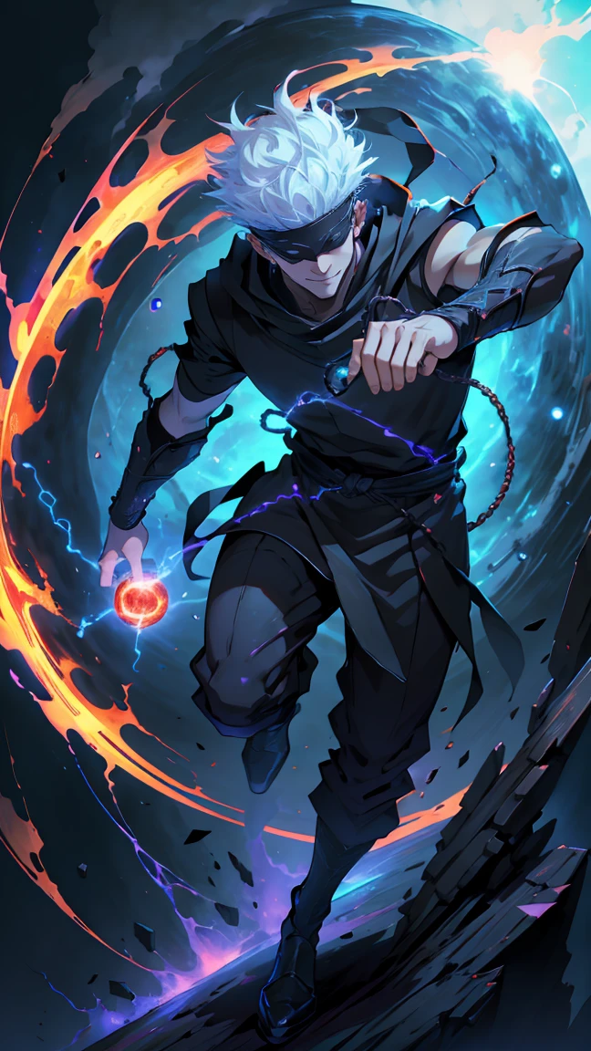 1boy, full body shot, satoru gojo, blindfold, black outfit, white hair, battle pose, red magic energy void in right,blue magic energy void in left, smirk, red and blue moon background, wallpaper, cinematic,High resolution 8K, Bright light illumination, lens flare, sharpness, masterpiece, top-quality, The ultra -The high-definition, high resolution, extremely details CG, Anime style, Film Portrait Photography,
