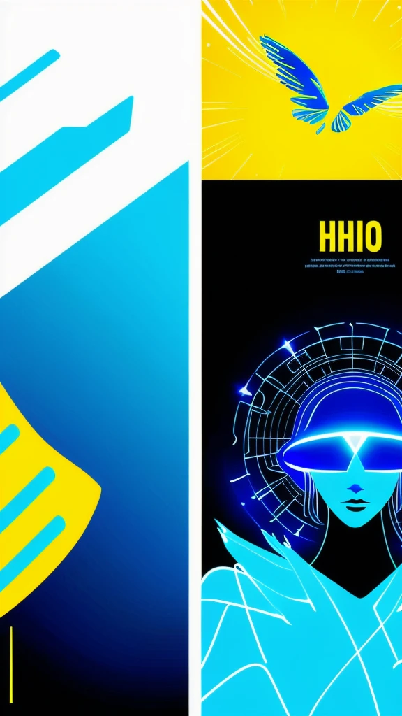 Close-up of two posters,There is a woman with a halo on her head, Futuristic art style, blue and yellow theme, Weird art style, Stunning art style, unearthly art style, blue and yellow color theme, AI-assisted digital, Hand drawn cartoon art style, beautiful Black blue yellow, Digital Art Style, Invert colors, White + blue + Kaneko + Black