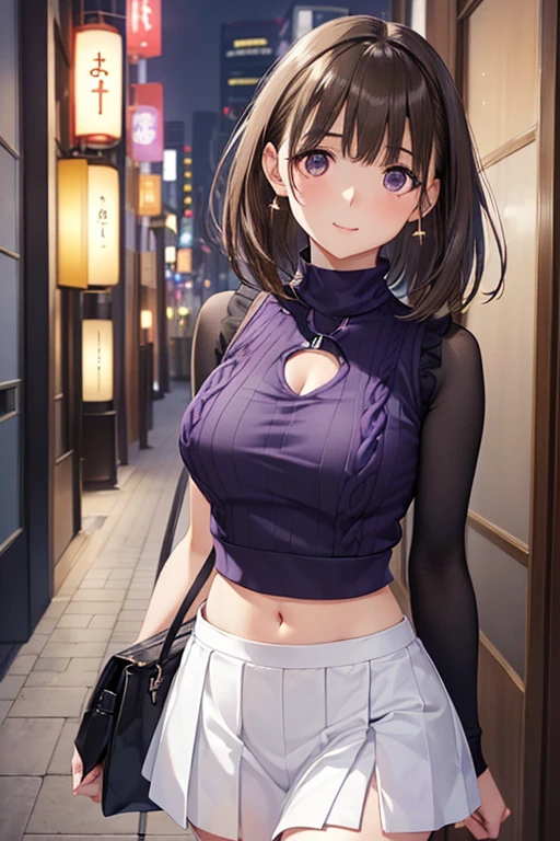 anegasaki nene、Shiny brown hair, short hair, (Beautiful brown eyes、Sparkling eyes, Fine grain)、smile、Super detailedな目、Highly detailed face, Highly detailed eyes,


masterpiece, Highest quality, Super detailed, Ultra-high resolution, Highly detailed face, 


(Browsing Caution:1.2), (Classy and cute girl:1.3), (1 Girl, One Girl),
 ((Wearing a violet sleeveless keyhole neck midriff sweater:1.3)), (White pleated mini skirt),  
(Medium large breasts, Firm breasts:1.2), Beautiful clavicle, 
 
break, 
((Walking through the business district of Marunouchi, Japan at night:1.3)), (From the side:1.2), (Glancing sideways:1.2), ((Focus on the face:1.2)), 
