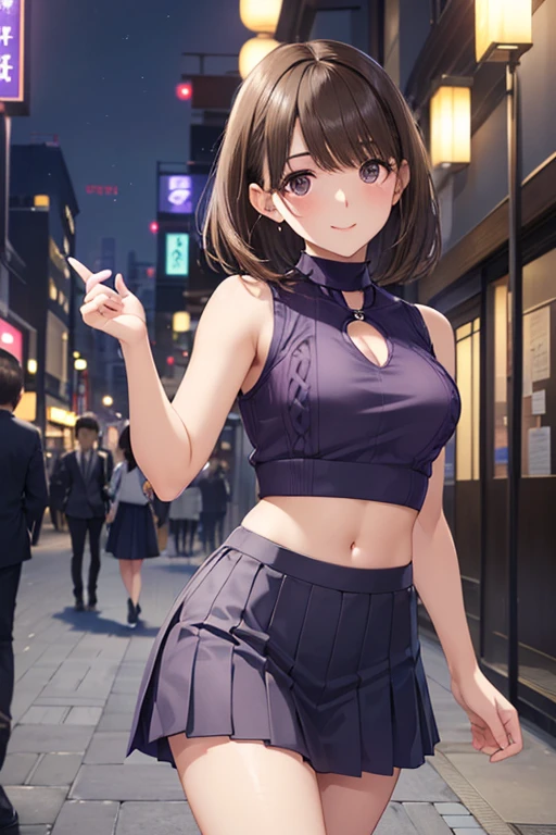 anegasaki nene、Shiny brown hair, short hair, (Beautiful brown eyes、Sparkling eyes, Fine grain)、smile、Super detailedな目、Highly detailed face, Highly detailed eyes,


masterpiece, Highest quality, Super detailed, Ultra-high resolution, Highly detailed face, 


(Browsing Caution:1.2), (Classy and cute girl:1.3), (1 Girl, One Girl),
 ((Wearing a violet sleeveless keyhole neck midriff sweater:1.3)), (White pleated mini skirt),  
(Medium large breasts, Firm breasts:1.2), Beautiful clavicle, 
 
break, 
((Walking through the business district of Marunouchi, Japan at night:1.3)), (From the side:1.2), (Glancing sideways:1.2), ((Focus on the face:1.2)), 