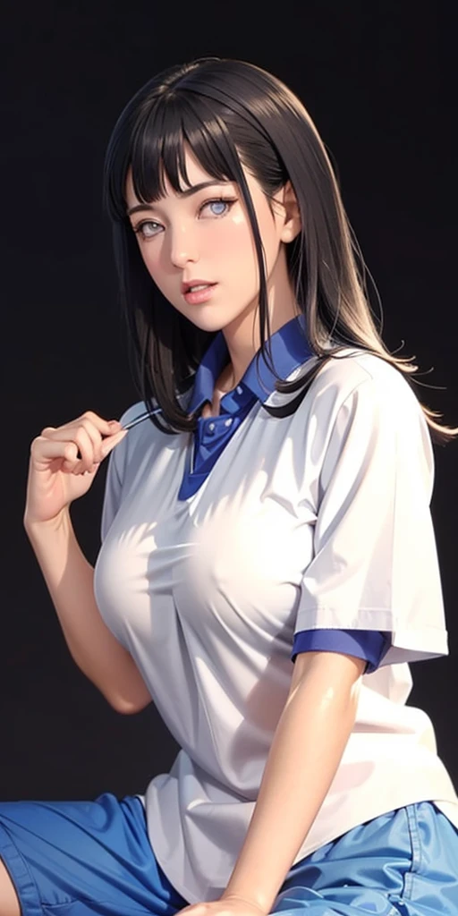 (((Perfect body,White and tender skin,(((ruanyi0533,blue pants,collared shirt,short sleeves,striped,sneakers,white shirt,))),(((hyuugahin,hyuugahin,hinata\(boruto\),hyuugahin, "black long hair", blue eyes,blunt bangs))),((masterpiece)),high resolution, ((Best quality at best)),masterpiece,quality,Best quality,((( Exquisite facial features,Looking at the audience,There is light in the eyes,blush,Happy,lol))),))),(((Light and shadow,Huge breasts))),(((Looking at the camera,black background,)))),