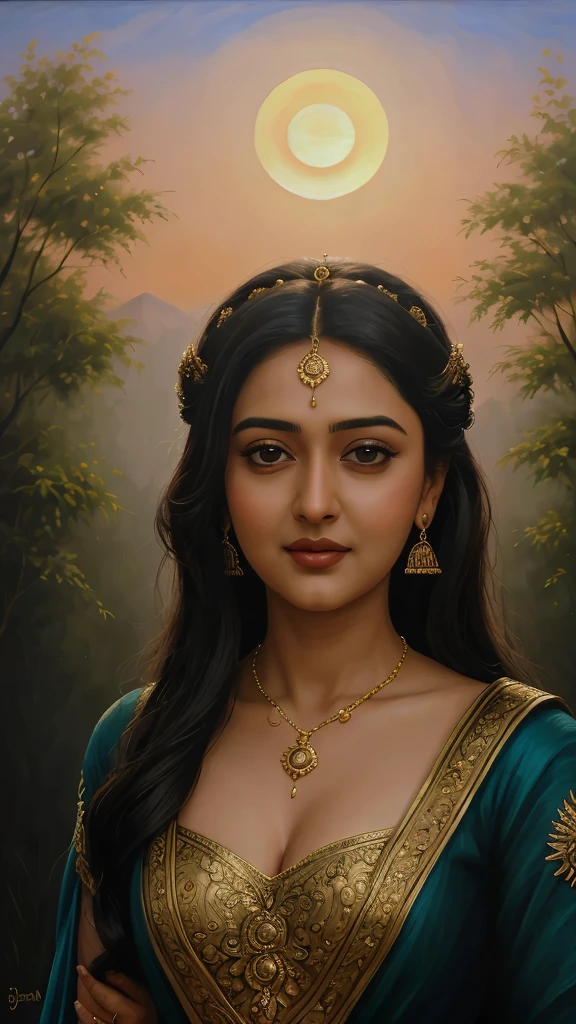 Looks like Anushka Shetty, (masterpiece) Exquisitely detailed painting of Lord Dany., Queen of Dannyland, created by Marie Jean Co in 2008. The portrait shows Lord Dany in a regal and majestic pose., wear intricate clothes in rich colors, surrounded by lush greenery and gold accents. His piercing gaze radiates wisdom and leadership., while his facial expression conveys confidence and strength. The background depicts a serene and idyllic landscape., with the setting sun, casting warm and gentle shades on the stage. The overall picture exudes an ethereal and fairy-tale atmosphere., every brush stroke brings the subtleties of the scene to life.