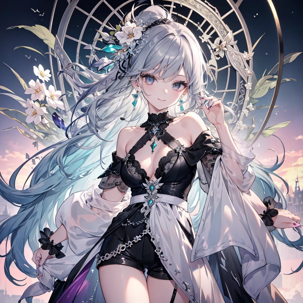 Highest resolution RAW color art, animation,Sculpture, Silver Marble Skin, (((Highly detailed elegant))), Magical atmosphere, Detailed skin, texture,(Exquisitely crafted, The finer details, Ultra-detailed art), Depth of written boundary, Silky Touch, Hyper Detail, White Background, Stylish black, Beautiful Eyes, Elegant face,, Sunset sky, View from below, eye shadow、Detailed Fashion、Aqua Eye, Earrings, Attractive breasts,whole body, ,Focus on the user, Smile lightly,, Bare arms and legs, Flashy Nails, Matte、Elegant black off-the-shoulder, Black shorts, Gray Hair, bracelet, Long Hair, Light purple inner hair,Hair