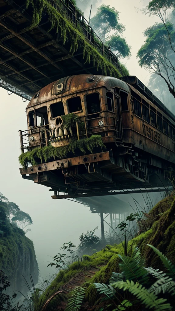 a rusty long train with a lion skull, in the amazon jungle, on the highest cliff, moss, fog, details, hyperrealistic, 16k