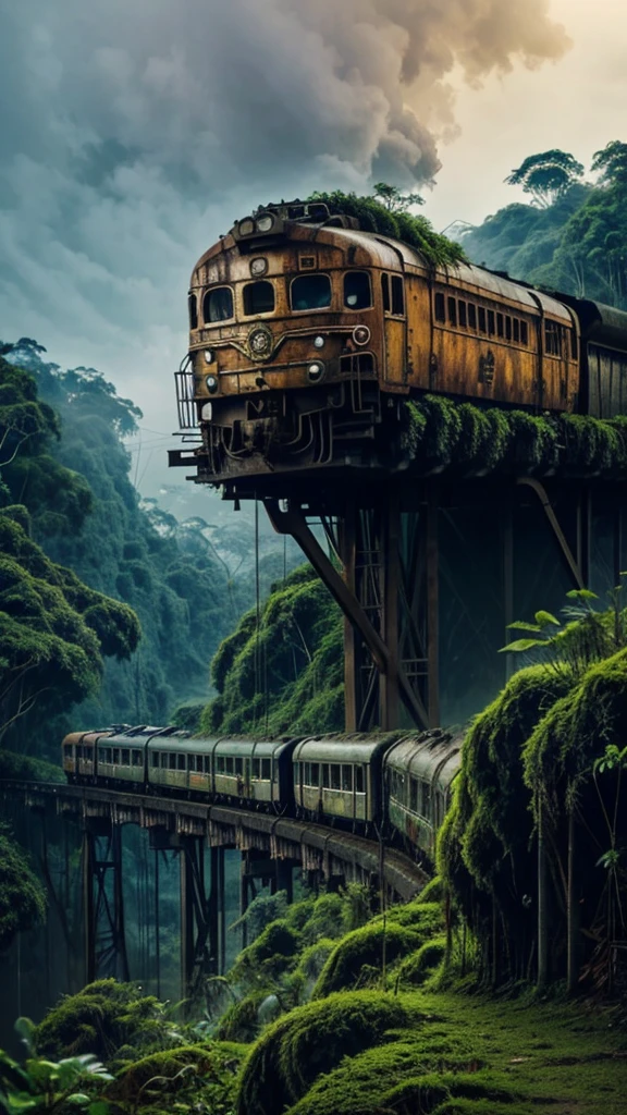 a rusty long train with a lion skull, in the amazon jungle, on the highest cliff, moss, fog, details, hyperrealistic, 16k