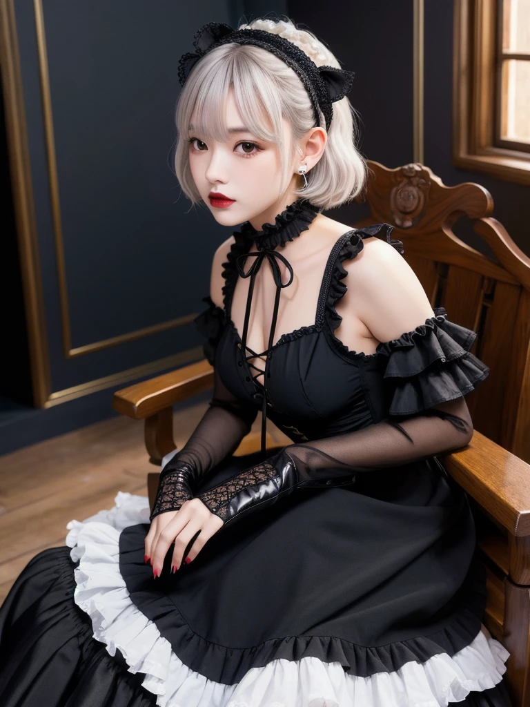 (8K, Photorealistic, Raw photo, Highest quality: 1.4),Japanese idol-style beautiful girl,model,1 person,18-year-old,(Short Bob),(Silver Hair :1.1),She has her hair tucked behind her ears,Headband,Clear grey eyes,Long eyelashes,Blackのアイシャドウ,Blackのアイライン,(piercings(small)),(Pale, lifeless skin(Foundation)),(Lip gloss(Deep vermilion :1.1)),thin long neck,Large Breasts,(Lace gloves(Black)),(gothic lolita dress(Frills,Puffy long skirt :1.3)),(layer),(Fishnet tights),(lace up lolita shoes),Sitting in a chair,(Legs are V-shaped),(Background of a room with heavy Gothic-style stone stained glass),Full body portrait