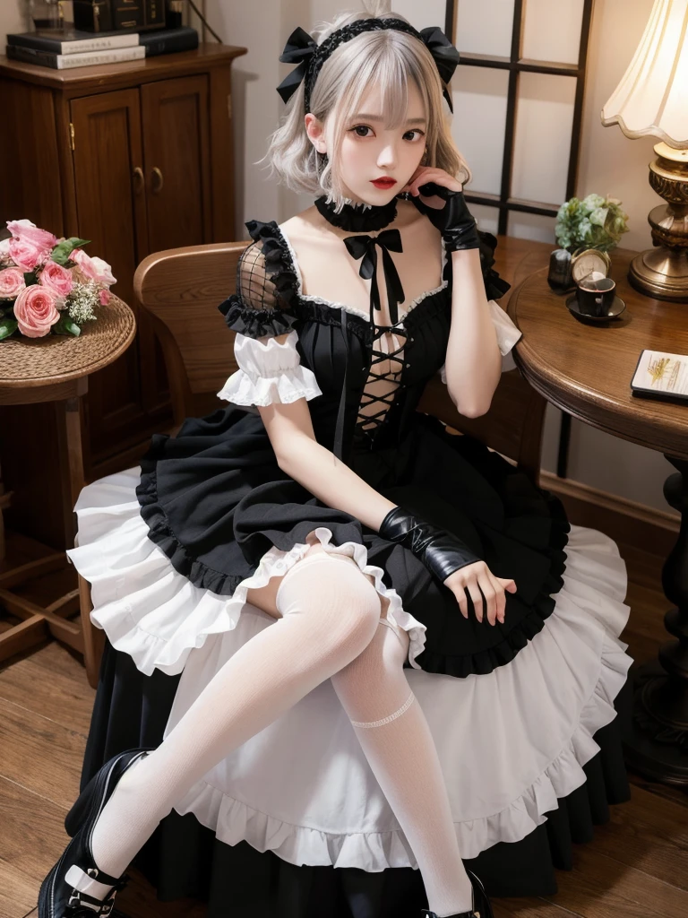 (8K, Photorealistic, Raw photo, Highest quality: 1.4),Japanese idol-style beautiful girl,model,1 person,18-year-old,(Short Bob),(Silver Hair :1.1),She has her hair tucked behind her ears,Headband,Clear grey eyes,Long eyelashes,Blackのアイシャドウ,Blackのアイライン,(piercings(small)),(Pale, lifeless skin(Foundation)),(Lip gloss(Deep vermilion :1.1)),thin long neck,Large Breasts,(Lace gloves(Black)),(gothic ta dress(Frills,Puffy long skirt :1.3)),(layer),(Fishnet tights),(lace up lolihoes),Sitting in a chair,(Legs are V-shaped),(Background of a room with heavy Gothic-style stone stained glass),Full body portrait