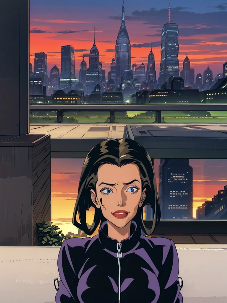 faithful image of Aeon Flux, Brunetette, linda, Grinning, she is happy, ultra detalhada, she is, SHE STANDS ON THE EDGE OF A TERRACE OF AN ULTRA FUTURISTIC BUILDING LOOKING AT THE SKY, SHE IS POINTING HER FINGER AT THE GROUND LOOKING AT THE INDUSTRIAL CITY, THERE ARE rounded buildings in an abandoned, ultra-futuristic megalopolis city, industrial environment, cyberpunkstyle, ORANGE SKY, the city has many metallic buildings with mirrored glass in light colors that reflect the sunlight, alien architecture, the city has shades of metal gray, has beautiful metal structures, dark ultrafuturistic cars on the streets, desert megalopolis, many tall rounded buildings on the horizon, tall futuristic metal buildings, WIRED POSTS, TRAFFIC LIGHTS, many ultramodern buildings around, as realistic as possible, as detailed as possible, Science fiction, There are 2 planets in the sky through the dense atmosphere, ORANGE SKY
