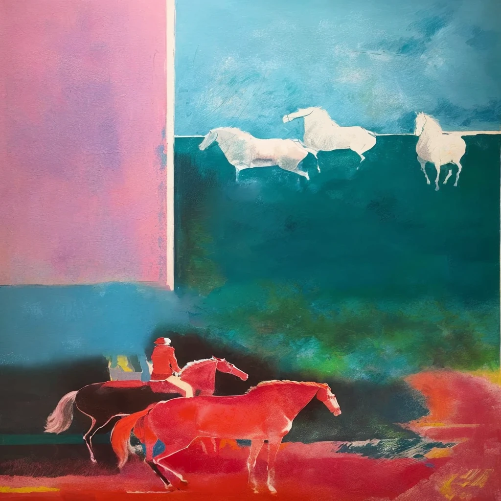 The painting depicts a man riding a horse,There is also a horse in the background, Inspired by R. b. Kitaj, Inspired by Pietro Lorenzetti, inspired by Giovanni bellini, by Margaret boden, Inspired by Sidney Nolan, author:Gaisa Udwari, Inspired by Toros Roslin, author:Ruth Abrahams