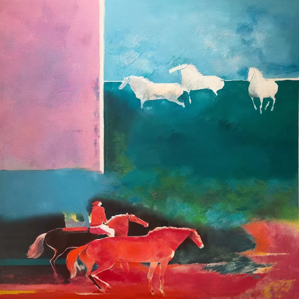 The painting depicts a man riding a horse，There is also a horse in the background, Inspired by R. b. Kitaj, Inspired by Pietro Lorenzetti, inspired by Giovanni bellini, by Margaret boden, Inspired by Sidney Nolan, author：Gaisa Udwari, Inspired by Toros Roslin, author：Ruth Abrahams