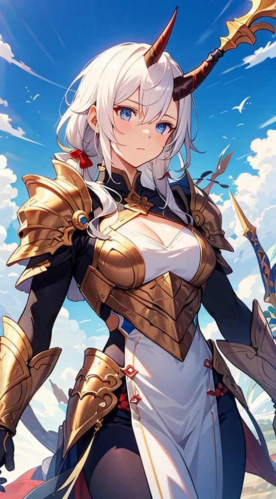 ((highest quality)), ((masterpiece)), ((hyperrealistic)), (detailed background), shoot from behind, anime style, solo, 1girl, langrisser sherry, ((curvy: 1.2)), kawaii, ((fantasy armor: 1.3)), silver short hair, ahoge, (white paladin armor), ((thong leotard)), ((large breasts)), ((arm guard gauntlet)), (breastplate), ((see-through black bodystocking)), (big butt), beautiful aqua eyes, perfect face, Perfect hands, perfect fingers, Blue sky and grassland,