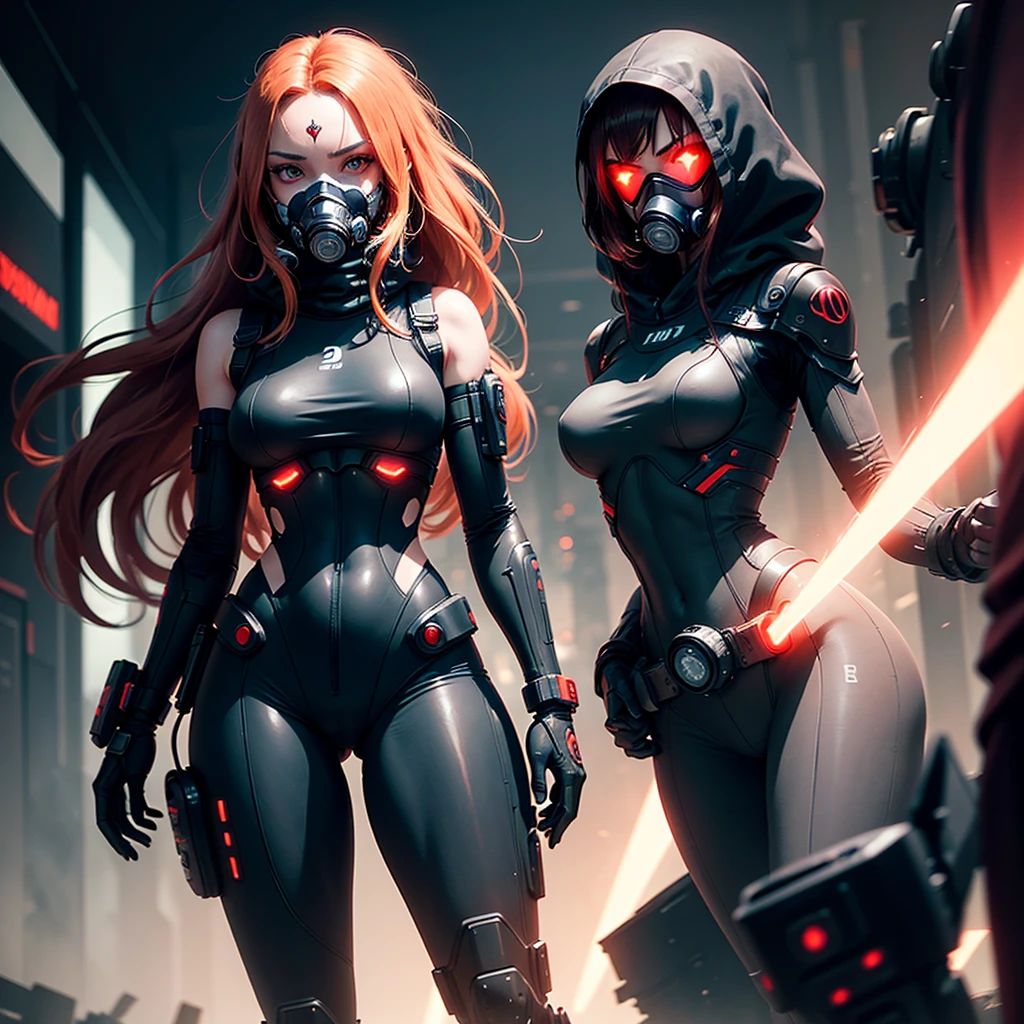 "Fantastic cyberpunk post-apocalyptic style. Lonely beautiful cyborg girl with long red hair looking at the camera. The camera films her from below and slightly to the right. She is wearing a black android suit with cleavage, decorated with small red details. The girl is the main object in the image. Red flashes and lights are visible on a dark background, creating an atmosphere of slight sadness. The main colors of the image are black and red."