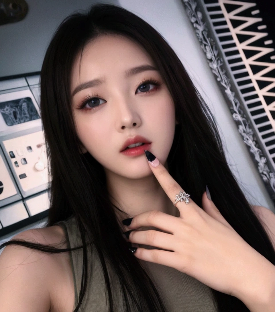 a closeup of a woman with long hair and a ring on her finger, South Korean popular makeup, cruel korean gothic girl, Popular Korean makeup, ulzzang, korean girl, pale korean adorable face, beautiful south korean woman, Korean face features, kanliu666, beautiful aesthetic face, Beautiful young Korean woman, sexy face with full makeup, karina aespa, karina 