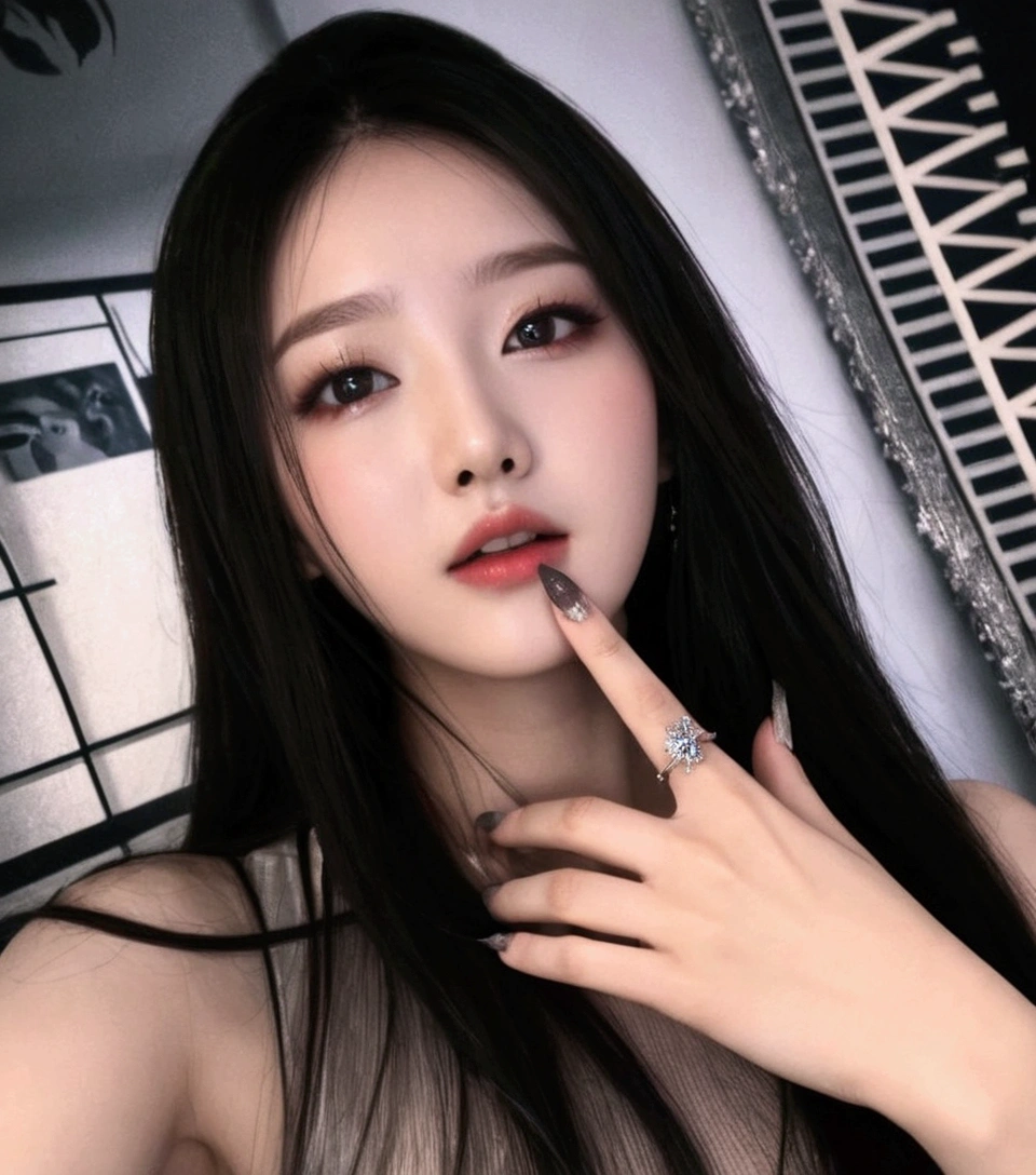 a closeup of a woman with long hair and a ring on her finger, South Korean popular makeup, cruel korean gothic girl, Popular Korean makeup, ulzzang, korean girl, pale korean adorable face, beautiful south korean woman, Korean face features, kanliu666, beautiful aesthetic face, Beautiful young Korean woman, sexy face with full makeup, karina aespa, karina