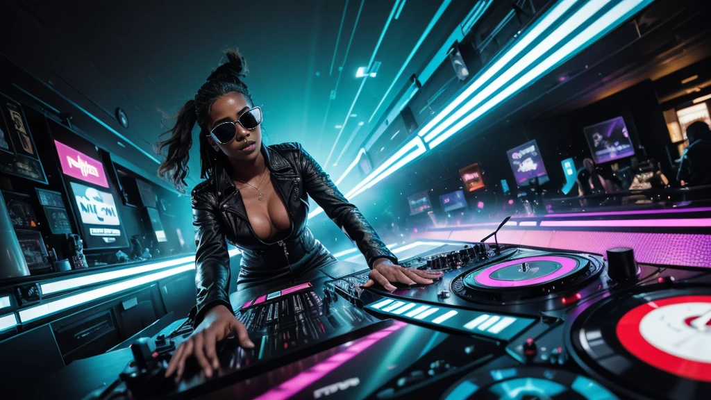 (best quality,4k,8k,highres,masterpiece:1.2),ultra-detailed,(realistic,photorealistic,photo-realistic:1.37),vibrant colors,electronic music background,full color,photo,poster,fashion,abstract design,modern style,dynamic energy,energetic atmosphere,striking visual effects,pulsating rhythm,creative visuals,stylish composition,glowing lights,futuristic elements,technological elements,synthesizer,turntables,CDJs,headphones,neon lights,glittering disco ball,dancing crowd,stylishly dressed models,(((black sunglasses))),eclectic fashion choices,colorful patterns,shimmering fabrics,sharp lines,mirror reflections,playful poses,dynamic movement,dynamic light and shadow,dazzling visual spectacle,artistic expression,electric ambiance,multimedia experience