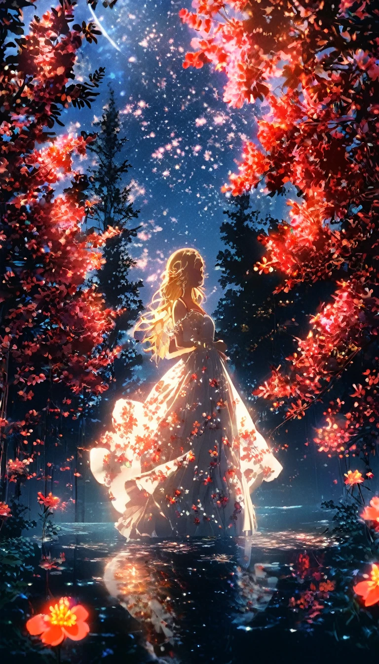 Ray Tracing Styles, A beautiful white woman in a long dress、Standing on a shining island surrounded by floating red flowers。. The black sky is reflected in the neon lights、A yellow light shines from behind her. In the center is a small tree that glows like a fire.. In the background、Another figure dressed in black stands in the distance.。Anime Style