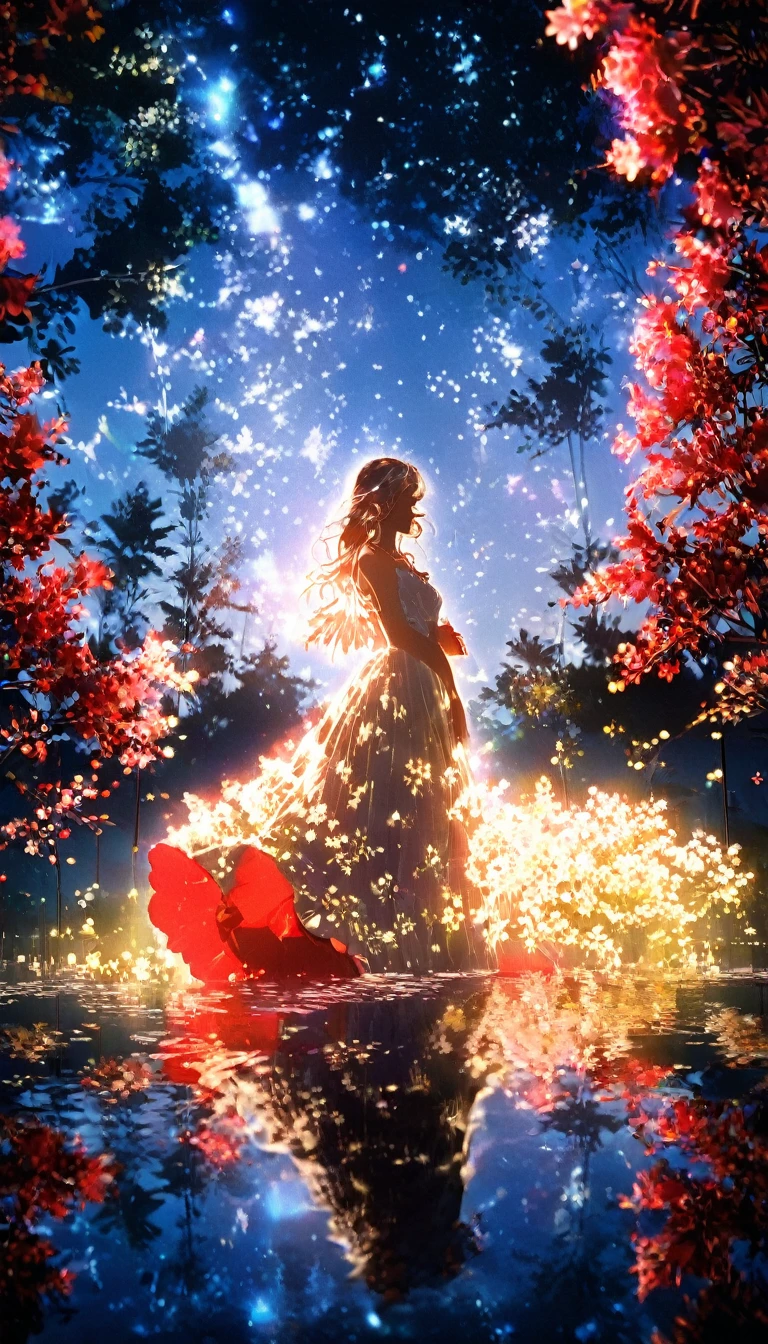 Ray Tracing Styles, A beautiful white woman in a long dress、Standing on a shining island surrounded by floating red flowers。. The black sky is reflected in the neon lights、A yellow light shines from behind her. In the center is a small tree that glows like a fire.. In the background、Another figure dressed in black stands in the distance.。Anime Style