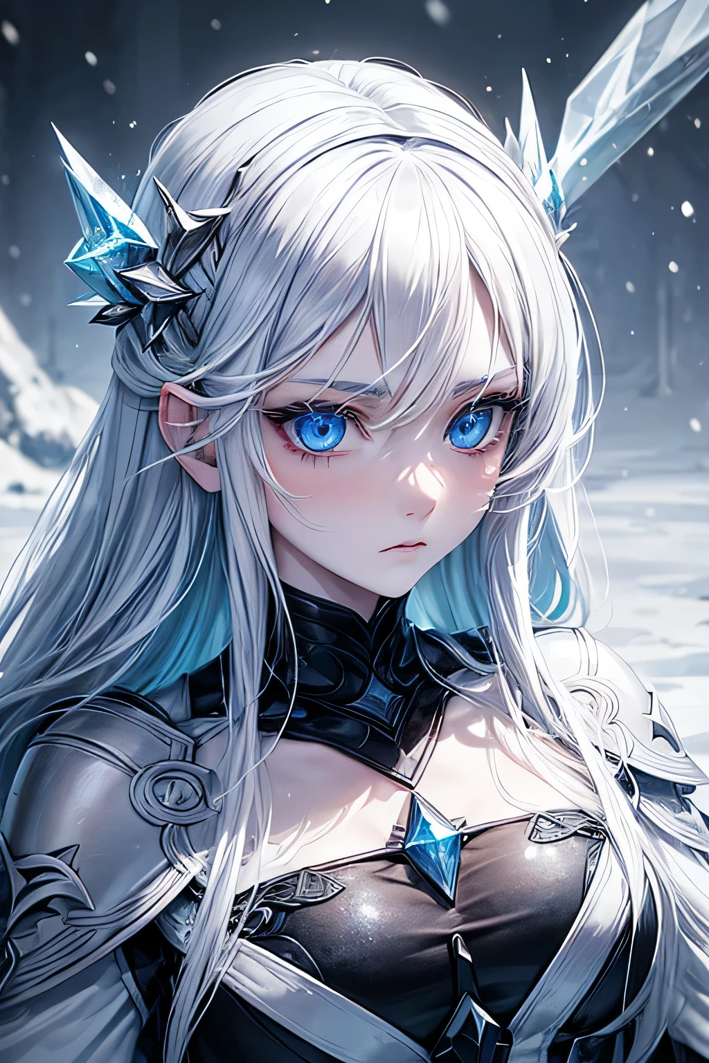 masterpiece, Very detailed, Super detailed, cold, alone, (One girl), (Pale skin), Ice blue eyes, Frozen white hair, Cool character, Flat face, young woman, Lady Cara, Big Breasts, arrogant, have confidence, cold face, goddess, Cool Kuudere Girl, Sharp eyes, (Snow Background), Crystal of snow, (Frozen Flower:0.5), (Calm expression), (Glowing ice crystals), (Black modern casual clothing), (Snow covered ground), (Cold breath)