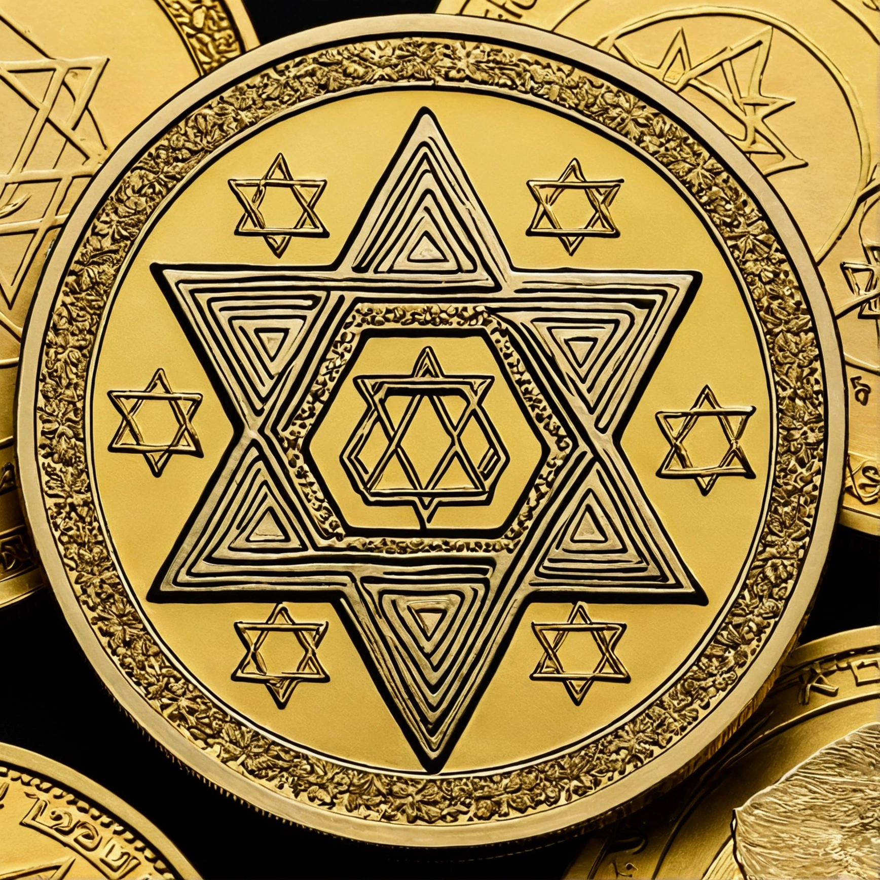 Gold coins stamped with the Star of David，mysterious，Beautiful shiny gold coin，High-definition, detailed depiction，A masterpiece of art．