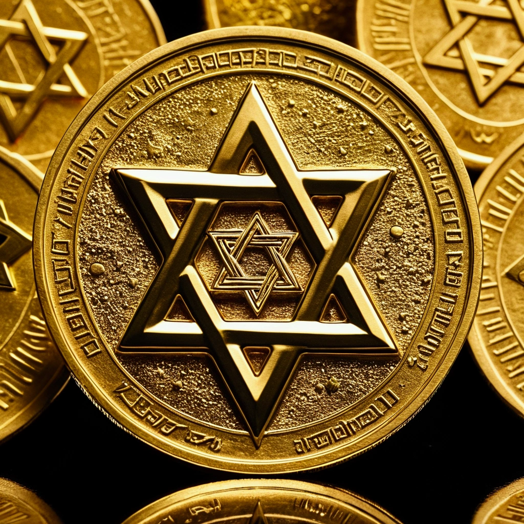 Gold coins stamped with the Star of David，mysterious，Beautiful shiny gold coin，High-definition, detailed depiction，A masterpiece of art．