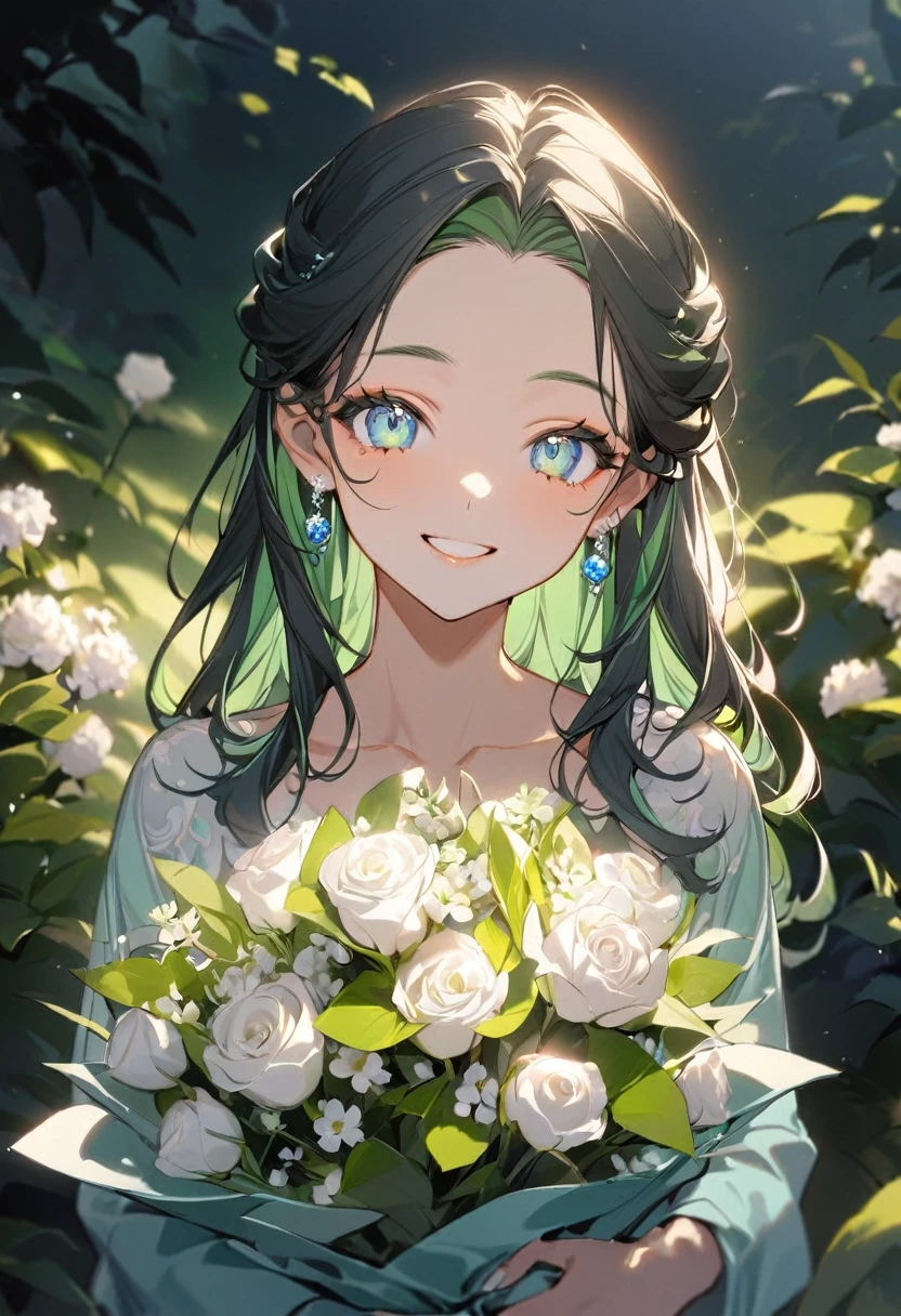 ( best quality:1.2), 1 Girl only, forehead,Solitary, Skin details, Beautiful facial features, fluffy dark hair,Exquisite makeup, Exquisite eyes, Eye details, he is 20 years old,(((big smiling))).((milky-green and milky-blue theme)),kindness,soft focus,white soft lighting,having the big colorful bouquet ,((in the garden))