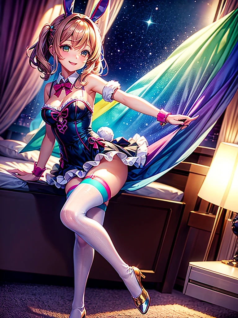 Highest quality,Highest Resolution,A beautiful smiling girl in rainbow-colored bunny girl clothes,Bedroom,High leg,Thigh-high stockings,Night view outside the window,whole body,front,