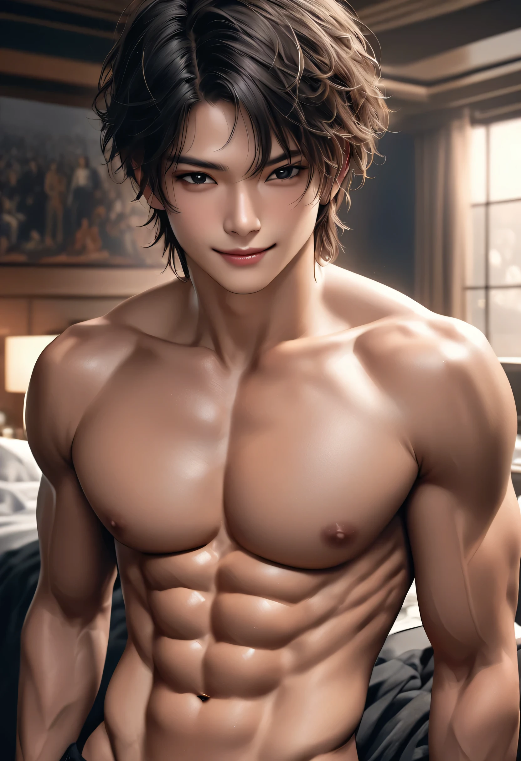 high quality, detailed, Realistic,(2boys:1.5),(cuddle), ( tanned japanese idol boys), (detailed black eyes), (black short hair), (abs), (tanned dark brown skin), night palace bedroom, (black tiny thong), (bulge), (detailed nipples), detailed areola,best quality,4k,8k,highres,masterpiece:1.2),ultra-detailed,(realistic,photorealistic,photo-realistic:1.37),smirk,face close up, --no watch,