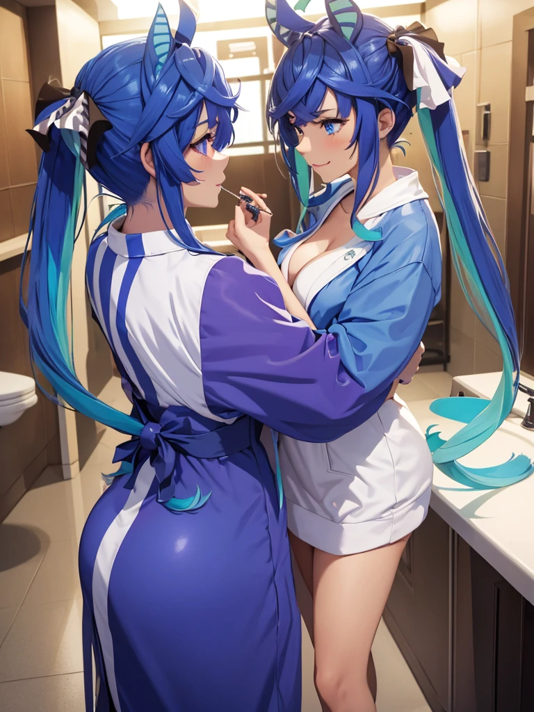 (masterpiece、top-quality、hight resolution), A scene in which a customer meets a designated sex worker in a waiting room. From the customer's perspective, the scene depicts the sex worker approaching with a professional and charming smile. The waiting room is simply decorated. The sex worker is wearing an attractive cocktail dress and is sexually attractive. The sex worker tells the customer. 'Thank you for your appointment. I will give you the night of your dreams." Twin_Turbo_Umamusume, aqua hair, twintails, heterochromia, purple eyes, blue eyes, sharp teeth, multicolored hoodie, hores tails, nsfw, ((Bathrobe)), 1girl, 1faceless male