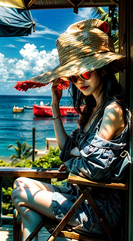 /imagine "A person relaxing on a beach chair, a sunny beach setting with soft waves, golden sand stretching out towards the water, a calm and inviting ocean. A person wearing casual summer clothing, a sunny hat, and sunglasses for protection, with a relaxed and content expression. Beach chair positioned near the water's edge, a portable speaker playing Lo-Fi beats, a cool drink in a beach cup holder. Palm trees swaying gently in the breeze, distant sailboats or surfers on the horizon, seagulls flying and soft clouds in the sky. A laid-back and tranquil atmosphere, the sound of gentle waves and Lo-Fi music, a sense of peace and escape from everyday life. Warm, golden tones from the sunlight, vibrant blues of the ocean and sky, soft shadows adding depth and relaxation."