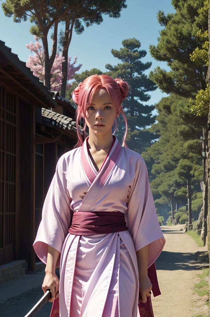 Demon slayer screencap of a famale Witherspoon white skin, red eres Pink hair up. scenery is warm,fighting whit demons.she is Wearing a blue kimono With katana in lector hand. ufotable studios season
