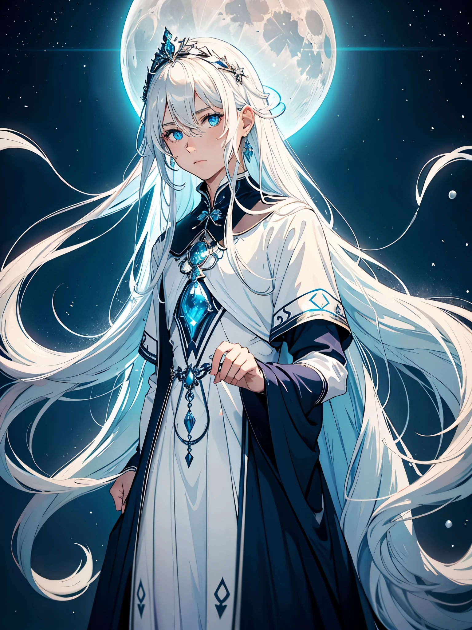Blue light. Göttlich. Mystisch. Long hair. long white hair. aquatic, boy, Goddess of the Moon, silver hair accessories, White hair, White dress, cape, at night, saturated colors, light eyes, bright, light blue light, blue eyes, Jewelry silver, bluish light, Full moon in the background, aquatic in der Luft rosa kerzen