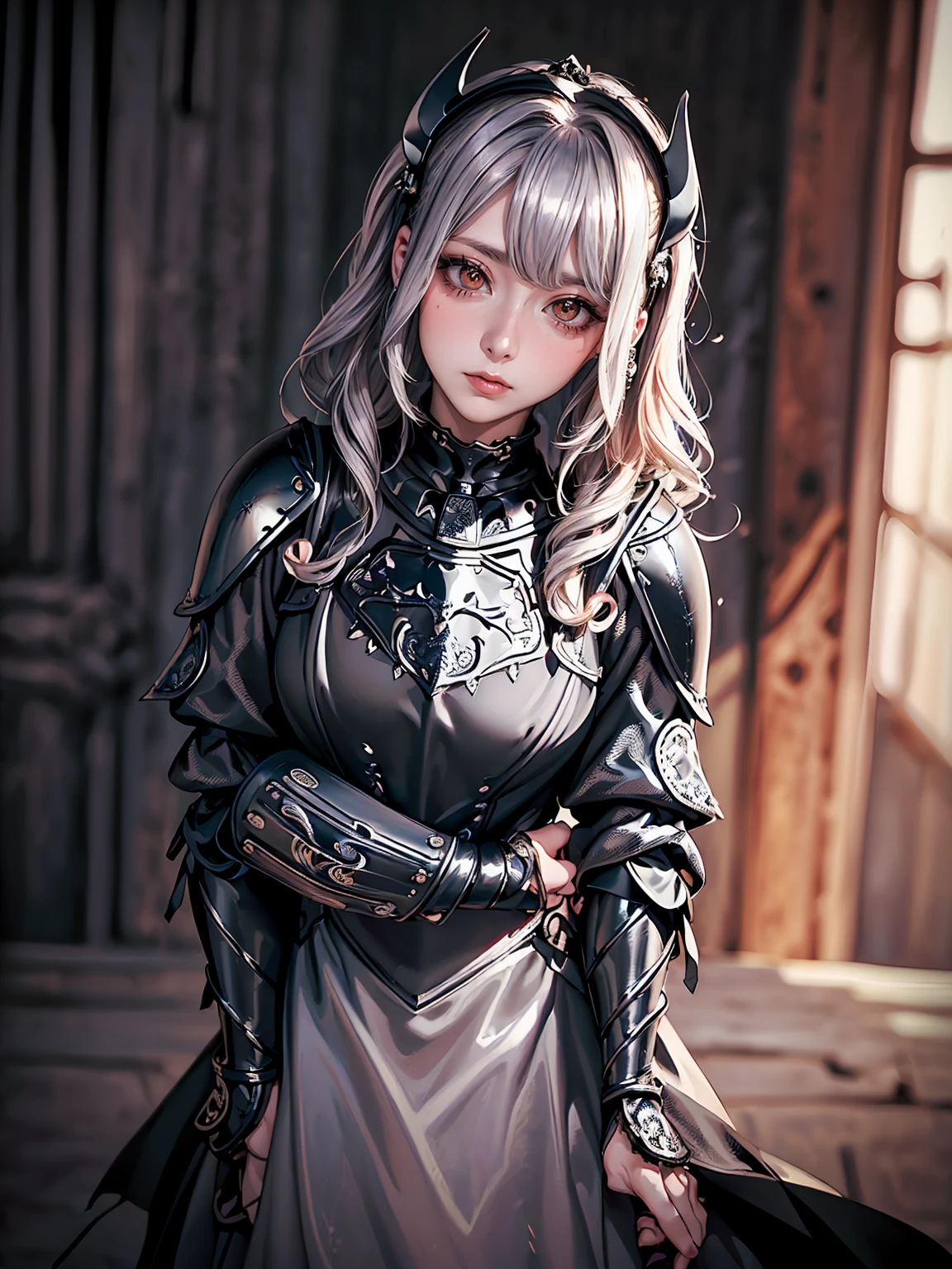 Anime Style、A masterpiece of delicate and detailed line drawing、Highest quality、Highest quality、Anatomically correct、(One Woman、16 years old、(Silver Hair、Hime cut, Wavy Hair, Mid-length hair:1.2)、(Natural Makeup、Eyelash extensions、Draw eyelashes sharply、Eyebrows are thin and short、Deep orange blush:1.1)、(Staring at the audience、Looks sleepy、Mouth open、Slightly red cheeks:1.3)、(Black Iron Full Plate Armor、Intricately detailed dress armor,、dark Knight:1.3)、garden、A mysterious scene with light pouring down, (Blur the background:1.3)、(View of the subject from below:1.1)、Photo from thigh up