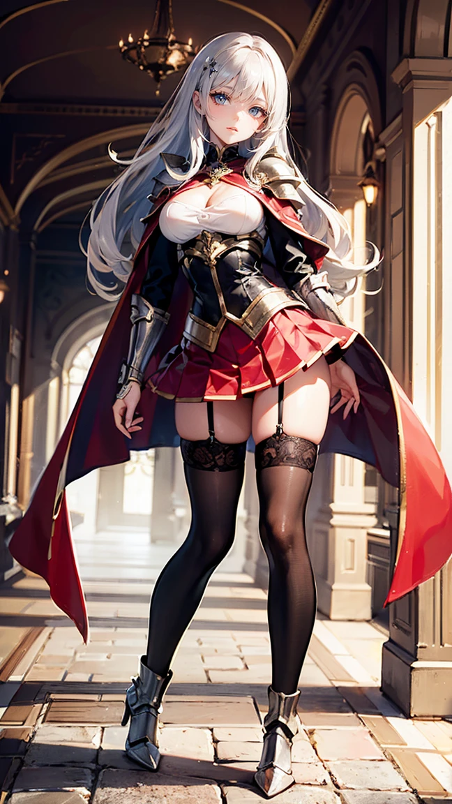 One girl，17 years old，Blonde long hair，Green Eyes，Silver metal armor，pleated micro mini skirt，Thigh-length silver metal boots，Big red cape，white thigh high stockings，Beautifully decorated long sword，((Perfect beautiful girl))，((Slim figure))，Silver gauntlet，Toe-to-shot，Inside the castle，Panty shot，(((Ultra-high resolution)))，((Highly detailed eyes))