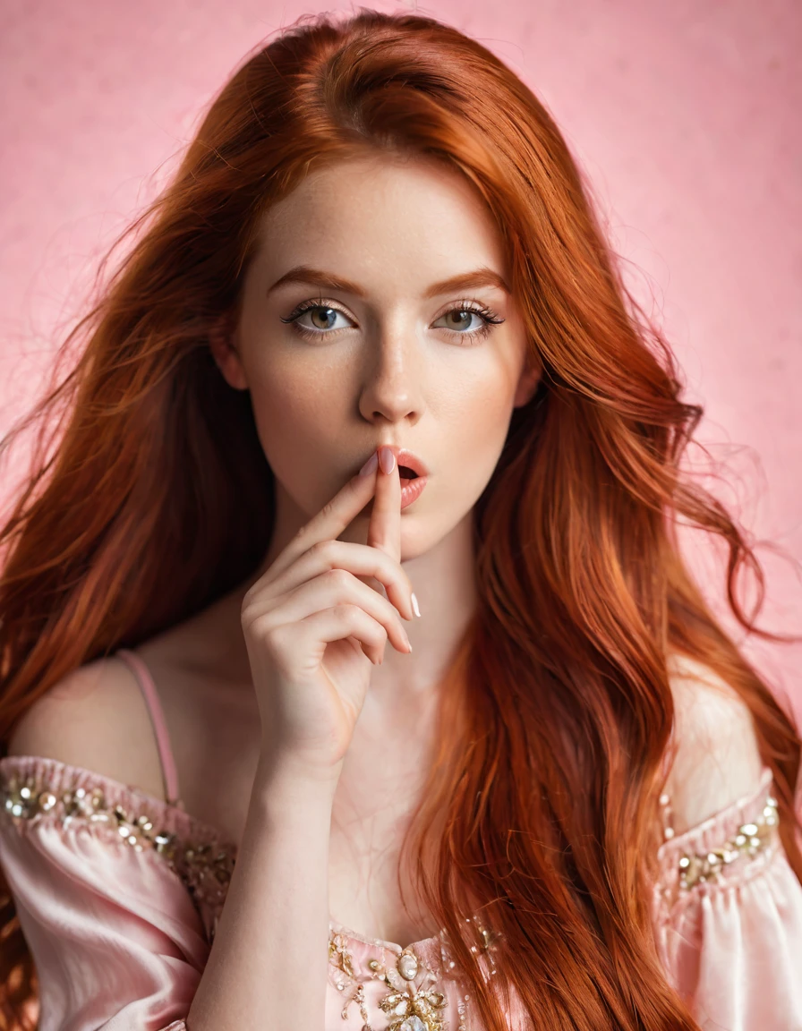 ultra realistic, photography, long red hair, girl, 24 years old, hourglass figure, perfect body, Flirty look, beautiful detailed woman, intricate and detailed face, long lush hair, soft lighting, photorealistic, high quality, cinematic, dramatic, warm color tones, facing the camera, Nikon z fx, lens 35 mm, blur background, beautiful attractive redhead young woman 20s years old in rose clothes look aside say hush be quiet with finger on lips shhh gesture isolated on pastel pink color background studio
