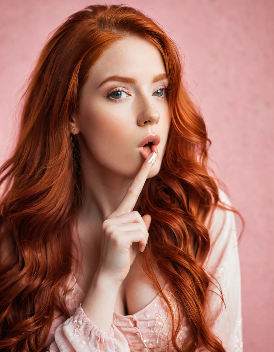 ultra realistic, photography, long red hair, girl, 24 years old, hourglass figure, perfect body, Flirty look, beautiful detailed woman, intricate and detailed face, long lush hair, soft lighting, photorealistic, high quality, cinematic, dramatic, warm color tones, facing the camera, Nikon z fx, lens 35 mm, blur background, beautiful attractive redhead young woman 20s years old in rose clothes look aside say hush be quiet with finger on lips shhh gesture isolated on pastel pink color background studio