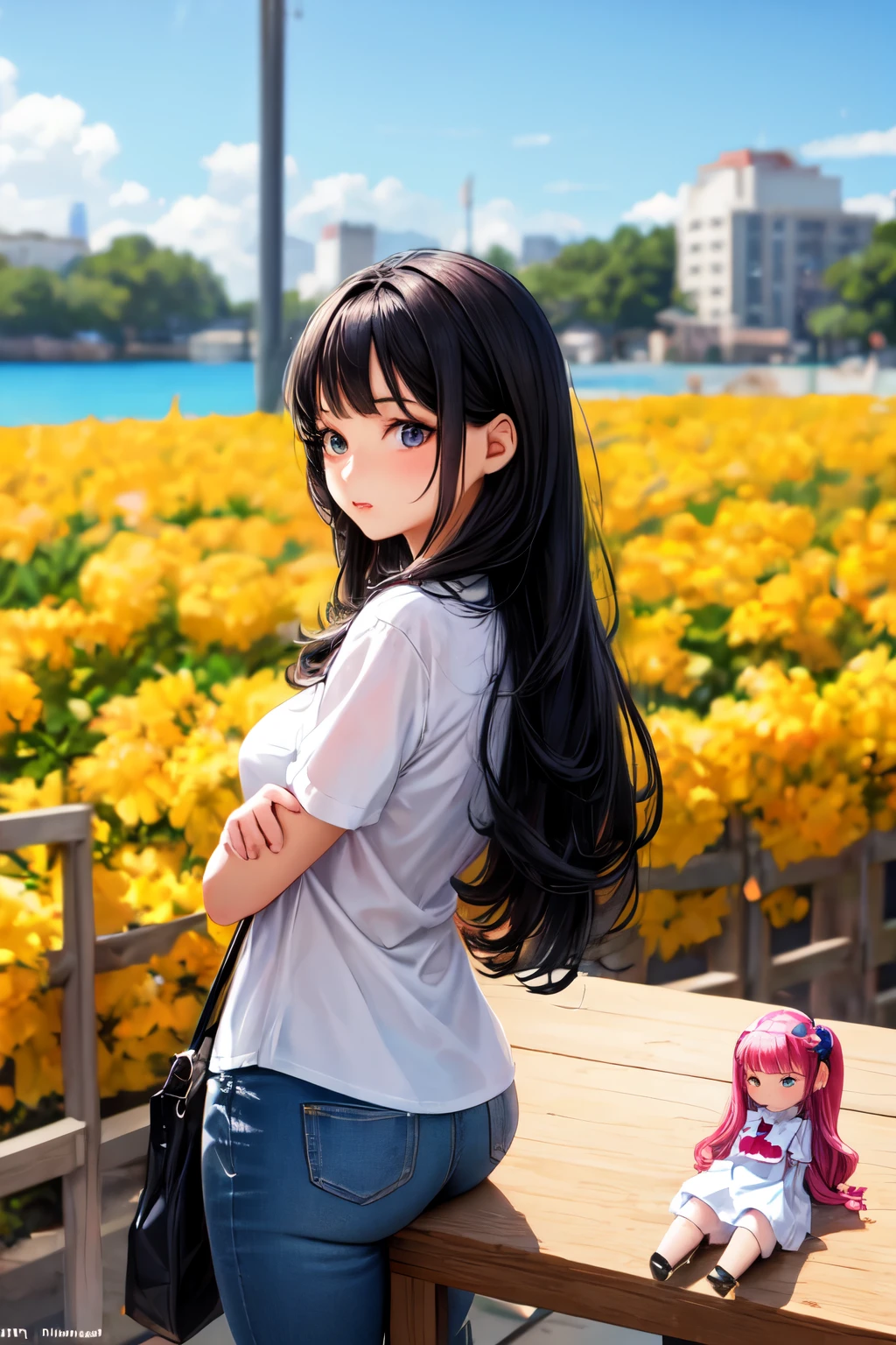 Animated doll from back with long black hair with name Lorena on shirt