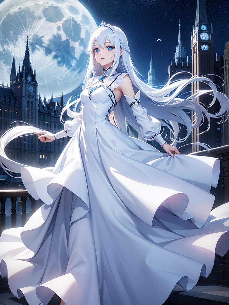 1 female、Long white hair、Blue Eyes、princess、beautiful、dress、city、Dance、moon