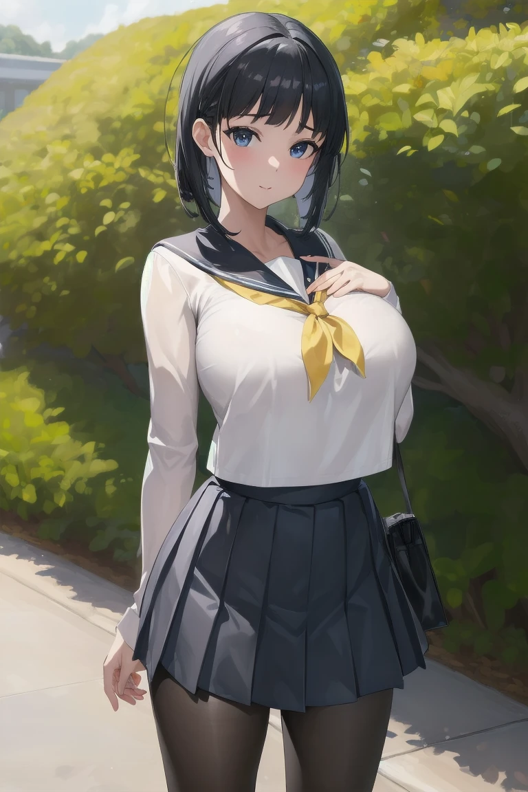 (Day:1.7),at school,
Upright immobile posture,
 Sailor_collar,Seraphim,, white_Jacket,black_Best,
(red_Pleats_skirt:1.1),(black_pantyhose:1.1), 
black_hair,length_hair,前hair,茶color_eye,
1 Girl, 20-year-old,young woman,beautiful Finger,beautiful long legs,beautiful body,
beautiful Nose,beautiful character design, perfect eye, perfect face,expressive eye,
View your viewers, (upper_body),(Focus on her face),
Official Art,非常に詳細な CG ユニティ 8K 壁紙, Perfect lighting,colorful, bright_front_face_Lighting,Shiny skin, 
(masterpiece:1.0),(Highest_quality:1.0), 超High resolution,4K,Super detailed,
photograph, 8K, High resolution, High resolution, Absurd:1.2, 400 for Kodak Port, Film Grain, 
Bokeh:1.2, Lens flare, (Vibrant_color:1.2)
(beautiful,big_chest:1.4), (beautiful_face:1.5),(narrow_Waist),