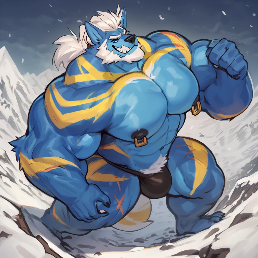 Light blue colored bara dog, white countershade, white skin, large hairy pecs, strong physique, yellow markings, white hair with yellow strips samurai hair in ponytail, green colored eyes, blue sclera, very muscular, perfect anatomy, scars on body, full body view in frame, nipple piercings, solo, masterpiece, sexy pose, manly pose, beard, strong jaw, thick thighs, giant biceps, huge hairy pecs, muscular, smirking, smug expression, curly dog tail, macro, tall, incredibly huge, insane height, height difference, insanely tall, in a snowy mountain, from above angle, top down angle, correct perspective, wearing thong, grin, amazing shading, full body, detailed hands, detailed eyes, detailed face, detailed arms,anthro, muscular, abs, (detailed:1.5), male, detailed background, by bozi, by zackary911, by SligarTheTiger