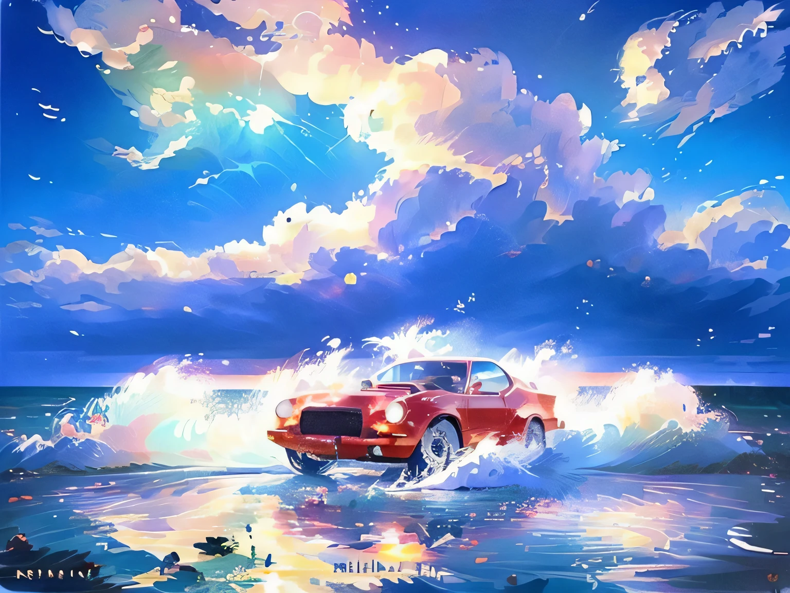 EIZIN SUZUKI style art, (City Pop Style), ((MAGICAL SOUND SHOWER, SPLASH WAVE, PASSING BREEZE, SHINING WIND)), beautiful, No humans, Red classic car, (masterpiece), 8k wallpaper,