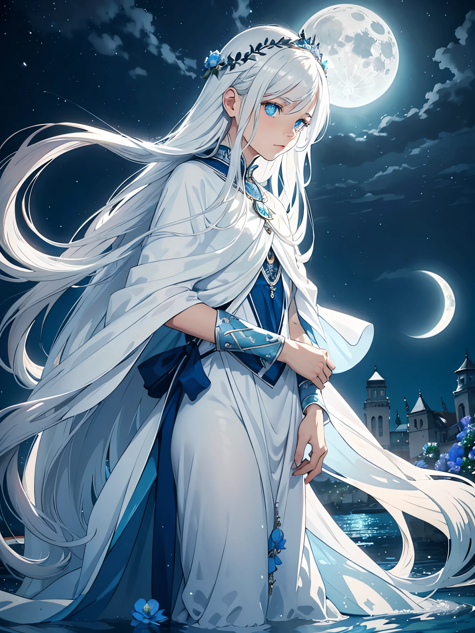 Männlich. Mann. Flach. Blue light. Blue flowers. Long hair. long white hair. aquatic, boy, Goddess of the Moon, silver hair accessories, White hair, White dress, cape, at night, saturated colors, light eyes, bright, light blue light, blue eyes, Jewelry silver, bluish light, Full moon in the background, aquatic in der Luft rosa kerzen